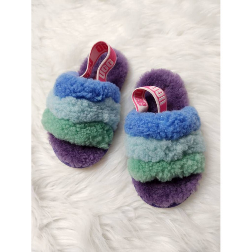 UGG Girls Fluff Yeah Slide Slipper‎ Multi-Color Back Strap Fur Trim Slip On 8